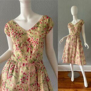 Vintage 50s Yellow Floral TINA LESER Original Silk Wrap Party Tea Dress S